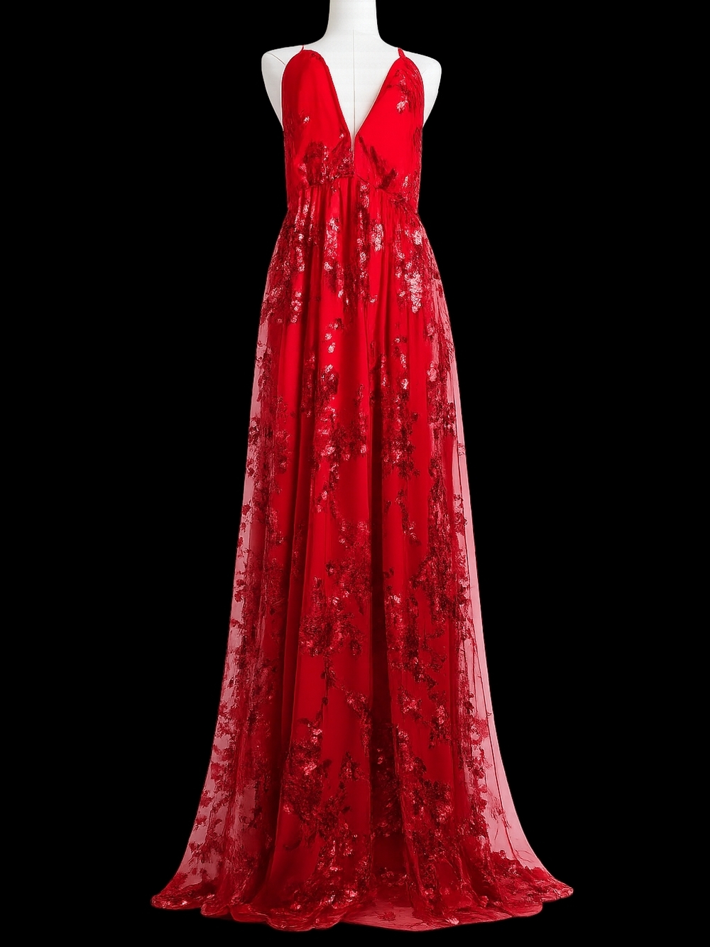Nwt Red Sequin Plunge Maxi Dress with Halter Neck - Picture 2 of 2